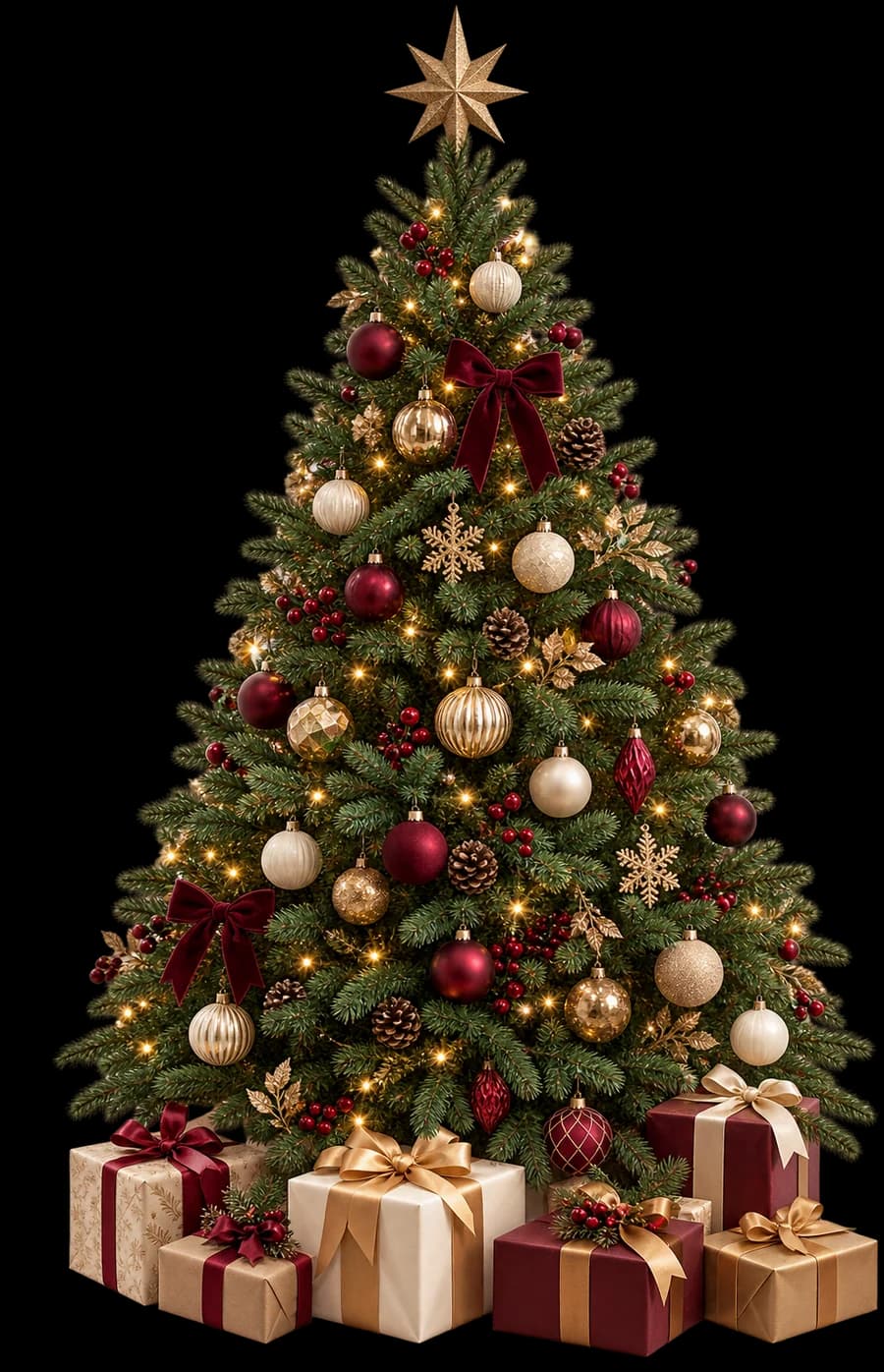 Pino navideño decorado con bolas bordó y doradas